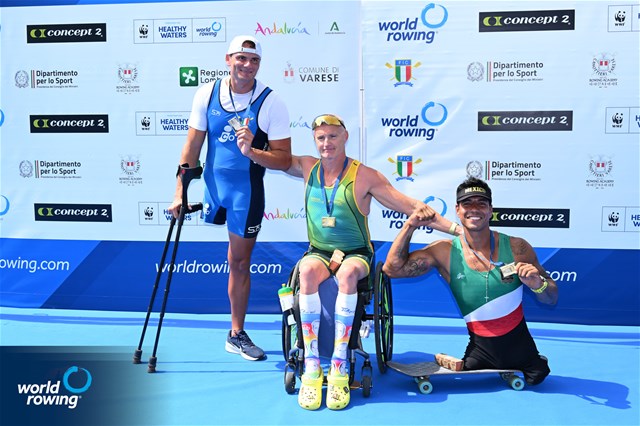 Erik Horrie, Australia, gold, Giacomo Perini, Italy, silver, Michel Munoz Malagon, Mexico, bronze, PR1 Mens Single Sculls, 2025 World Rowing Cup Varese - Varese, Italy / Detlev Seyb / MyRowingPhoto.com