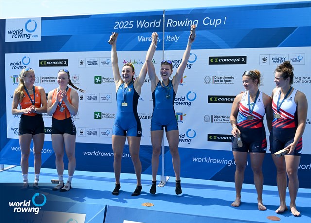 Laura Meriano (b), Alice Codato (s), Italy, gold, Nika Johanna Vos (b), Linn Van Aanholt (s), Netherlands, silver, Anna Santruckova (b), Pavlina Flamikova (s), Czechia, bronze, Womens Pair, 2025 World Rowing Cup Varese - Varese, Italy / Detlev Seyb / MyRowingPhoto.com