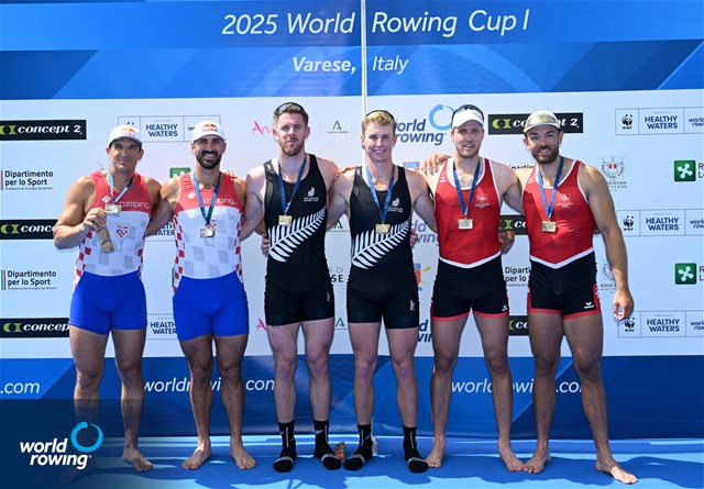 Oliver Welch (b), Benjamin Taylor (s), New Zealand, gold, Martin Sinkovic (b), Valent Sinkovic (s), Croatia, silver, Jonah Plock (b), Patrick Brunner (s), Switzerland, bronze, Mens Pair, 2025 World Rowing Cup Varese - Varese, Italy / Detlev Seyb / MyRowingPhoto.com