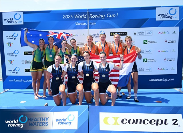 Camille Vandermeer (b), Azja Czajkowski, Teal Cohen, Kate Knifton (s), United States of America, gold, Jaime Ford (b), Eliza Gaffney, Georgie Rowe, Jacqui Swick (s), Australia, silver, Lisanne Van Der Lelij (b), Vera Sneijders, Hermijntje Drenth, Tinka Offereins (s), Netherlands, bronze, Womens Four, 2025 World Rowing Cup Varese - Varese, Italy / Detlev Seyb / MyRowingPhoto.com