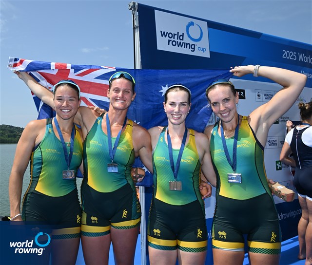 Jaime Ford (b), Eliza Gaffney, Georgie Rowe, Jacqui Swick (s), Australia, silver, Women's Four, 2025 World Rowing Cup Varese - Varese, Italy / Detlev Seyb / MyRowingPhoto.com