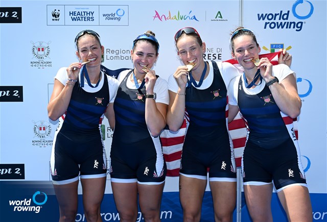 Camille Vandermeer (b), Azja Czajkowski, Teal Cohen, Kate Knifton (s), United States of America, gold,, Women's Four, 2025 World Rowing Cup Varese - Varese, Italy / Detlev Seyb / MyRowingPhoto.com