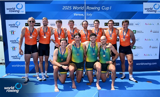 Nikolas Pender (b), Fergus Hamilton, Austin Reinehr, Alex Hill (s), Australia, gold, Ralf Rienks (b), Pieter Van Veen, Sander De Graaf, Mick Makker (s), Netherlands, silver, Eli Brouwer (b), Jorn Salverda, Wibout Rustenburg, Rik Rienks (s), Netherlands, bronze, Mens Four, 2025 World Rowing Cup Varese - Varese, Italy / Detlev Seyb / MyRowingPhoto.com