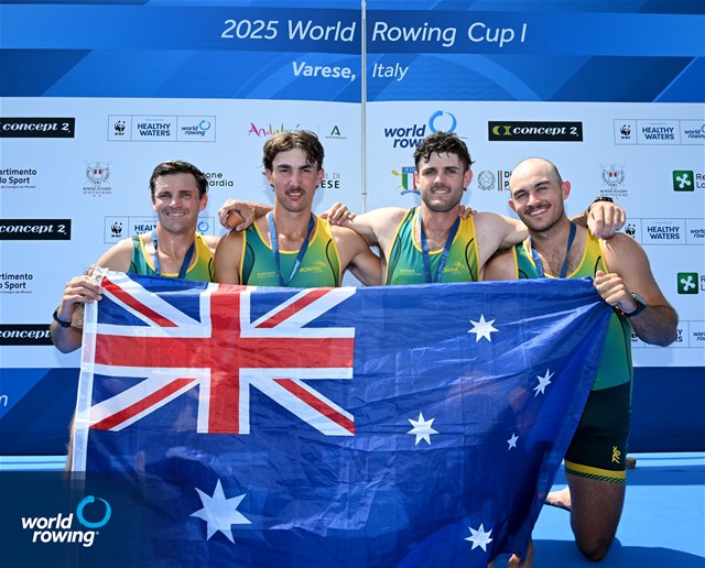 Nikolas Pender (b), Fergus Hamilton, Austin Reinehr, Alex Hill (s), Australia, gold, Men's Four, 2025 World Rowing Cup Varese - Varese, Italy / Detlev Seyb / MyRowingPhoto.com