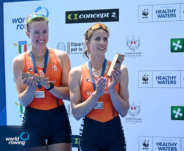 Roos De Jong (b), Benthe Boonstra (s), Netherlands, silver, Women's Double Sculls, 2025 World Rowing Cup Varese - Varese, Italy / Detlev Seyb / MyRowingPhoto.com
