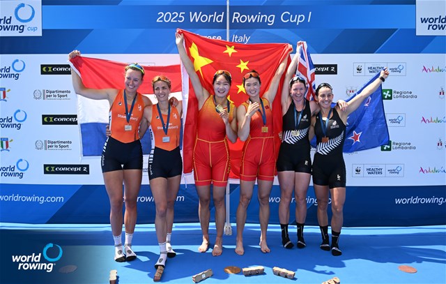 Yunxia Chen (b), Ling Zhang (s), People's Republic of China, gold, Roos De Jong (b), Benthe Boonstra (s), Netherlands, silver, Kathryn Glen (b), Stella Clayton-Greene (s), New Zealand, bronze, Womens Double Sculls, 2025 World Rowing Cup Varese - Varese, Italy / Detlev Seyb / MyRowingPhoto.com