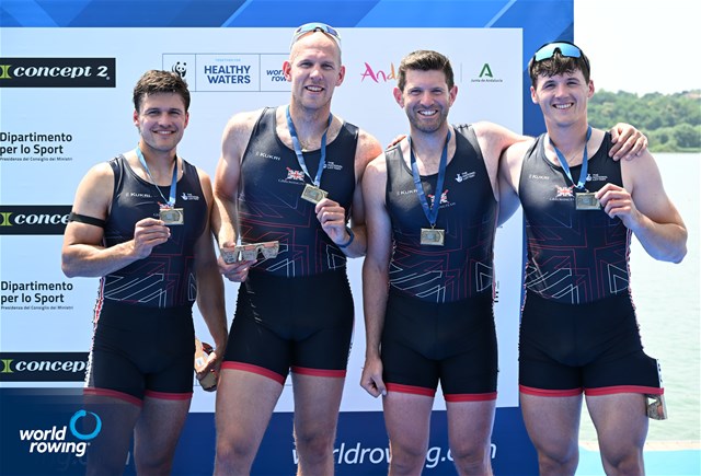 Thomas Barras, Matthew Haywood, Rory Harris (s), Great Britain, bronze, Mens Quadruple Sculls, 2025 World Rowing Cup Varese - Varese, Italy / Detlev Seyb / MyRowingPhoto.com