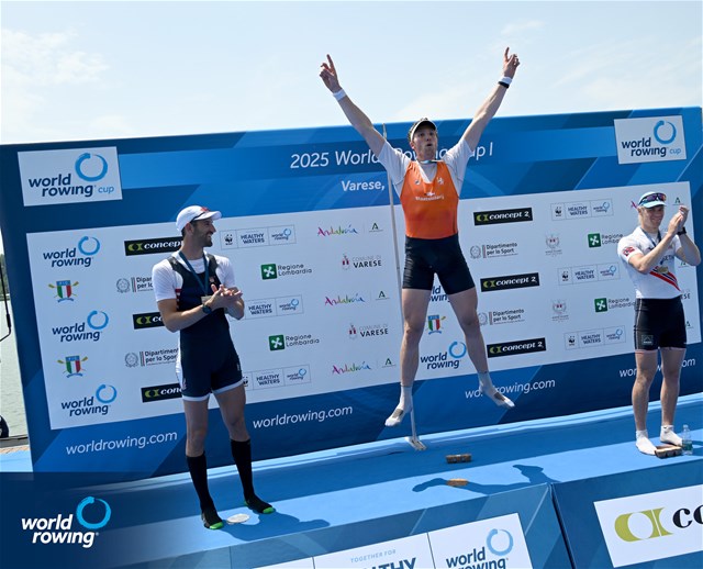 Simon van Dorp, Netherlands, gold, Jacob Plihal, United States of America, silver, Jonas Slettemark Juel, Norway, bronze, Mens Single Sculls, 2025 World Rowing Cup Varese - Varese, Italy / Detlev Seyb / MyRowingPhoto.com