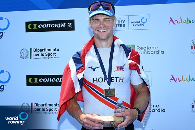Jonas Slettemark Juel, Norway, bronze, Mens Single Sculls, 2025 World Rowing Cup Varese - Varese, Italy / Detlev Seyb / MyRowingPhoto.com