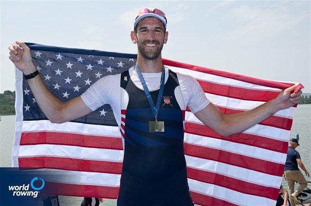Jacob Plihal, United States of America, silver, Men's Single Sculls, 2025 World Rowing Cup Varese - Varese, Italy / Detlev Seyb / MyRowingPhoto.com