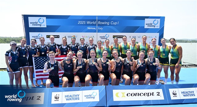 Eleanor Brinkhoff (b), Juliette Perry, Amelia Standing, Martha Birtles, Lauren Irwin, Eve Stewart, Heidi Long, Megan Slabbert (s), Jack Tottem (c), Great Britain, gold, Camille Vandermeer (b), Charlotte Buck, Jess Thoennes, Alexandria Vallancey-Martinson, Etta Carpender, Azja Czajkowski, Teal Cohen, Kate Knifton (s), Nina Castagna (c), United States of America, silver, Emmie Frederico (b), Eliza Gaffney, Georgie Gleeson, Georgie Rowe, Jaime Ford, Ella Bramwell, Jacqui Swick, Paige Barr (s), Hayley Verbunt (c), Australia, bronze, Womens Eight, 2025 World Rowing Cup Varese - Varese, Italy / Detlev Seyb / MyRowingPhoto.com