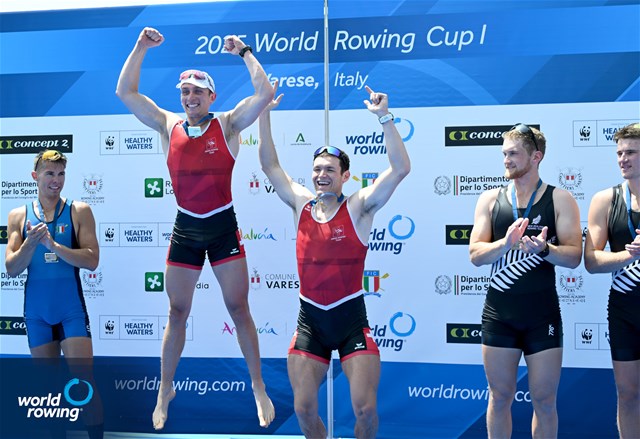 Kai Schaetzle (b), Raphael Ahumada (s), Switzerland, gold, Niels Torre (b), Gabriel Soares (s), Italy, silver, Finlay Hamill (b), Benjamin Mason (s), New Zealand, bronze, Mens Double Sculls, 2025 World Rowing Cup Varese - Varese, Italy / Detlev Seyb / MyRowingPhoto.com