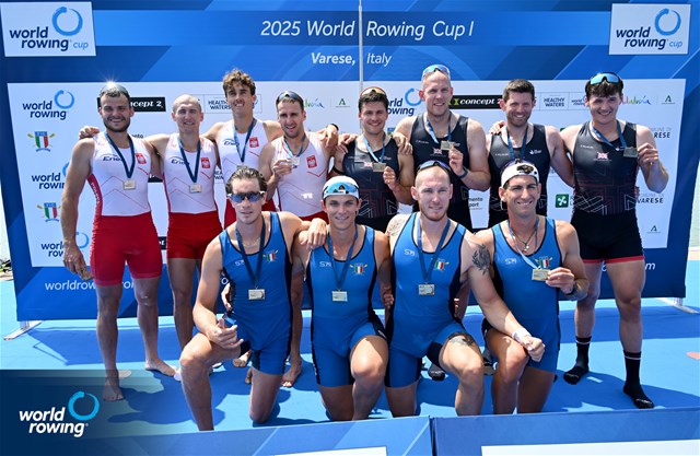 Matteo Sartori (b), Luca Rambaldi, Andrea Panizza, Giacomo Gentili (s), Italy, gold, Dominik Czaja (b), Piotr Plominski, Miroslaw Zietarski, Mateusz Biskup (s), Poland, silver, Cedol Dafydd (b), Thomas Barras, Matthew Haywood, Rory Harris (s), Great Britain, bronze, Mens Quadruple Sculls, 2025 World Rowing Cup Varese - Varese, Italy / Detlev Seyb / MyRowingPhoto.com