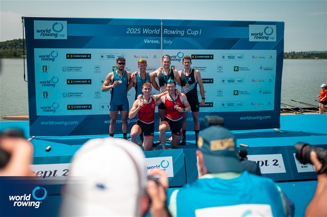Kai Schaetzle (b), Raphael Ahumada (s), Switzerland, gold, Niels Torre (b), Gabriel Soares (s), Italy, silver, Finlay Hamill (b), Benjamin Mason (s), New Zealand, bronze, Mens Double Sculls, 2025 World Rowing Cup Varese - Varese, Italy / World Rowing / Benedict Tufnell