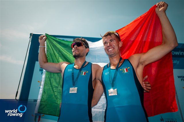 , Niels Torre (b), Gabriel Soares (s), Italy, silver, Men's Double Sculls, 2025 World Rowing Cup Varese - Varese, Italy / World Rowing / Benedict Tufnell