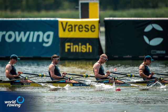 Cedol Dafydd (b), Callum Dixon, Matthew Haywood, Rory Harris (s), Men's Quadruple Sculls, Great Britain, 2025 World Rowing Cup Varese - Varese, Italy / World Rowing / Benedict Tufnell