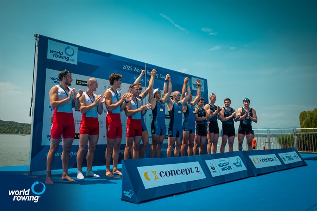 Matteo Sartori (b), Luca Rambaldi, Andrea Panizza, Giacomo Gentili (s), Italy, gold, Dominik Czaja (b), Piotr Plominski, Miroslaw Zietarski, Mateusz Biskup (s), Poland, silver, Cedol Dafydd (b), Thomas Barras, Matthew Haywood, Rory Harris (s), Great Britain, bronze, Mens Quadruple Sculls, 2025 World Rowing Cup Varese - Varese, Italy / World Rowing / Benedict Tufnell