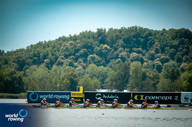 Eleanor Brinkhoff (b), Juliette Perry, Amelia Standing, Martha Birtles, Lauren Irwin, Eve Stewart, Heidi Long, Megan Slabbert (s), Jack Tottem (c), Women's Eight, Great Britain, 2025 World Rowing Cup Varese - Varese, Italy / World Rowing / Benedict Tufnell
