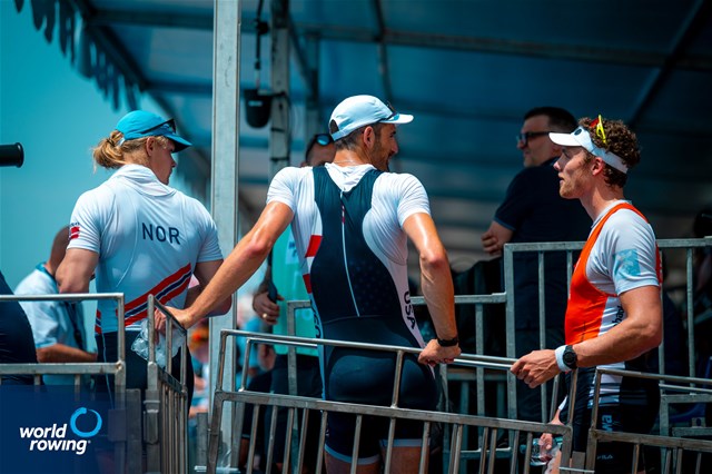 Simon van Dorp, Netherlands, gold, Jacob Plihal, United States of America, silver, Jonas Slettemark Juel, Norway, bronze, Mens Single Sculls, 2025 World Rowing Cup Varese - Varese, Italy / World Rowing / Benedict Tufnell