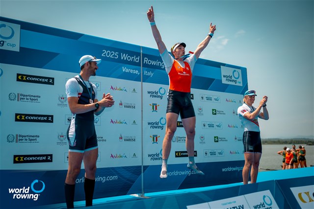 Simon van Dorp, Netherlands, gold, Jacob Plihal, United States of America, silver, Jonas Slettemark Juel, Norway, bronze, Mens Single Sculls, 2025 World Rowing Cup Varese - Varese, Italy / World Rowing / Benedict Tufnell