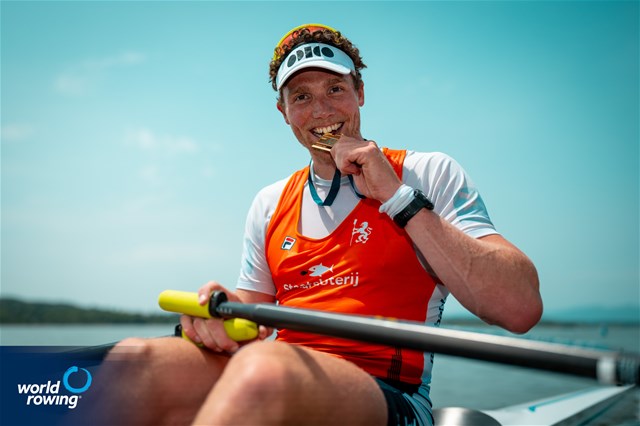 Simon van Dorp, Netherlands, gold, Men's Single Sculls, 2025 World Rowing Cup Varese - Varese, Italy / World Rowing / Benedict Tufnell