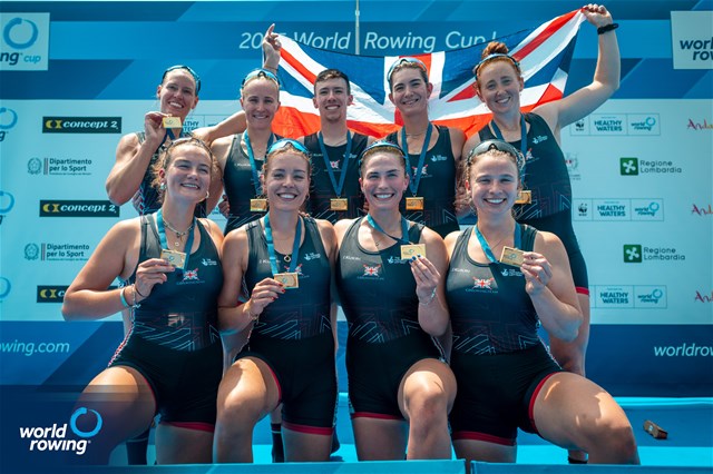 Eleanor Brinkhoff (b), Juliette Perry, Amelia Standing, Martha Birtles, Lauren Irwin, Eve Stewart, Heidi Long, Megan Slabbert (s), Jack Tottem (c), Great Britain, gold, Women's Eight, 2025 World Rowing Cup Varese - Varese, Italy / World Rowing / Benedict Tufnell