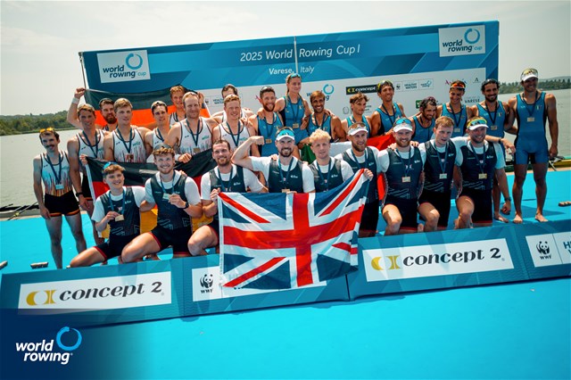 William Stewart (b), Matthew Rowe, Miles Beeson, Fergus Woolnough, David Bewicke-Copley, Samuel Nunn, Matt Aldridge, Archie Drummond (s), William Denegri (c), Great Britain, gold, Paul Klapperich (b), Mattes Schoenherr, Benedict Eggeling, Tobias Strangemann, Olaf Roggensack, Julius Christ, Soenke Kruse, Theis Hagemeister (s), Jonas Wiesen (c), Germany, silver, Davide Comini (b), Salvatore Monfrecola, Francesco Pallozzi, Alfonso Scalzone, Giovanni Abagnale, Alessandro Gardino, Nunzio Di Colandrea, Giovanni Codato (s), Alessandra Faella (c), Italy, bronze, Mens Eight, 2025 World Rowing Cup Varese - Varese, Italy / World Rowing / Benedict Tufnell