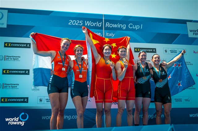 Yunxia Chen (b), Ling Zhang (s), People's Republic of China, gold, Roos De Jong (b), Benthe Boonstra (s), Netherlands, silver, Kathryn Glen (b), Stella Clayton-Greene (s), New Zealand, bronze, Womens Double Sculls, 2025 World Rowing Cup Varese - Varese, Italy / World Rowing / Benedict Tufnell