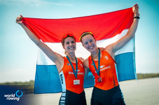 Roos De Jong (b), Benthe Boonstra (s), Women's Double Sculls, Netherlands, 2025 World Rowing Cup Varese - Varese, Italy / World Rowing / Benedict Tufnell