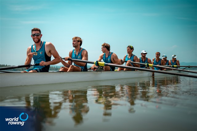 Davide Comini (b), Salvatore Monfrecola, Francesco Pallozzi, Alfonso Scalzone, Giovanni Abagnale, Alessandro Gardino, Nunzio Di Colandrea, Giovanni Codato (s), Alessandra Faella (c), Men's Eight, Italy, 2025 World Rowing Cup Varese - Varese, Italy / World Rowing / Benedict Tufnell