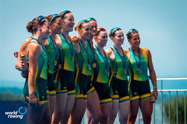 Emmie Frederico (b), Eliza Gaffney, Georgie Gleeson, Georgie Rowe, Jaime Ford, Ella Bramwell, Jacqui Swick, Paige Barr (s), Hayley Verbunt (c), Australia, bronze, Womens Eight, 2025 World Rowing Cup Varese - Varese, Italy / World Rowing / Benedict Tufnell