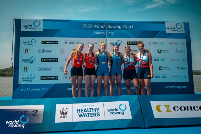 Laura Meriano (b), Alice Codato (s), Italy, gold, Nika Johanna Vos (b), Linn Van Aanholt (s), Netherlands, silver, Anna Santruckova (b), Pavlina Flamikova (s), Czechia, bronze, Womens Pair, 2025 World Rowing Cup Varese - Varese, Italy / World Rowing / Benedict Tufnell