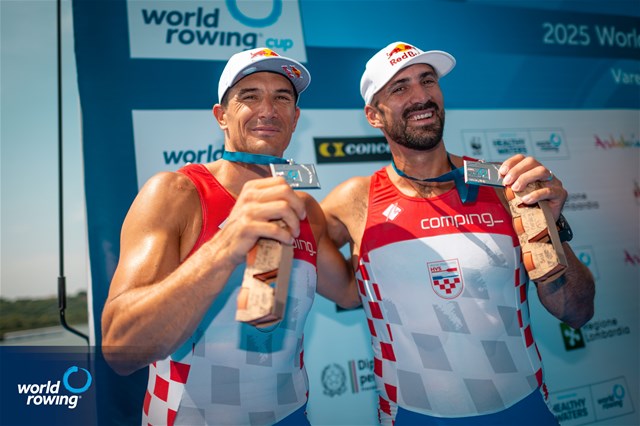 Martin Sinkovic (b), Valent Sinkovic (s), Croatia, silver, Men's Pair, 2025 World Rowing Cup Varese - Varese, Italy / World Rowing / Benedict Tufnell