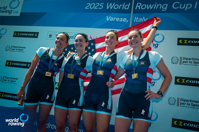 Camille Vandermeer (b), Azja Czajkowski, Teal Cohen, Kate Knifton (s), United States of America, gold, Women's Four, 2025 World Rowing Cup Varese - Varese, Italy / World Rowing / Benedict Tufnell