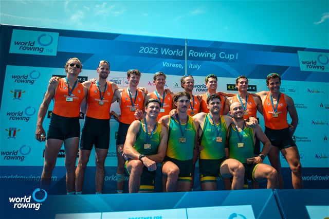 Nikolas Pender (b), Fergus Hamilton, Austin Reinehr, Alex Hill (s), Australia, gold, Ralf Rienks (b), Pieter Van Veen, Sander De Graaf, Mick Makker (s), Netherlands, silver, Eli Brouwer (b), Jorn Salverda, Wibout Rustenburg, Rik Rienks (s), Netherlands, bronze, Mens Four, 2025 World Rowing Cup Varese - Varese, Italy / World Rowing / Benedict Tufnell