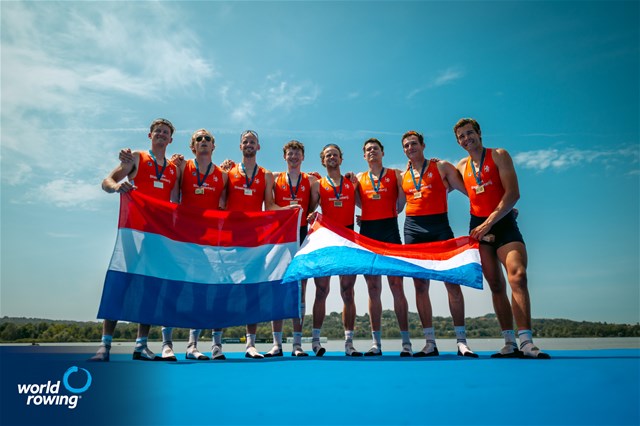 Ralf Rienks (b), Pieter Van Veen, Sander De Graaf, Mick Makker (s), Netherlands, silver, Eli Brouwer (b), Jorn Salverda, Wibout Rustenburg, Rik Rienks (s), Netherlands, bronze, Mens Four, 2025 World Rowing Cup Varese - Varese, Italy / World Rowing / Benedict Tufnell