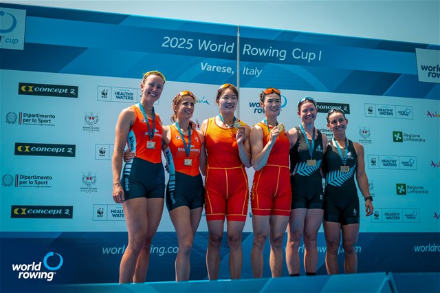 Yunxia Chen (b), Ling Zhang (s), People's Republic of China, gold, Roos De Jong (b), Benthe Boonstra (s), Netherlands, silver, Kathryn Glen (b), Stella Clayton-Greene (s), New Zealand, bronze, Womens Double Sculls, 2025 World Rowing Cup Varese - Varese, Italy / World Rowing / Benedict Tufnell