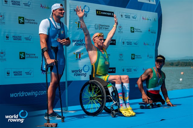 Erik Horrie, Australia, gold, Giacomo Perini, Italy, silver, Michel Munoz Malagon, Mexico, bronze, PR1 Mens Single Sculls, 2025 World Rowing Cup Varese - Varese, Italy / World Rowing / Benedict Tufnell