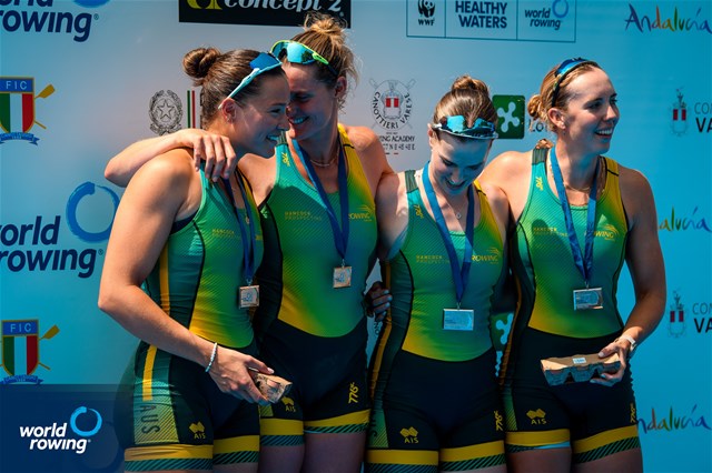 Jaime Ford (b), Eliza Gaffney, Georgie Rowe, Jacqui Swick (s), Women's Four, Australia, 2025 World Rowing Cup Varese - Varese, Italy / World Rowing / Benedict Tufnell