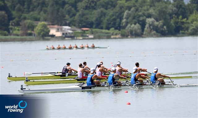 Matteo Sartori (b), Luca Rambaldi, Andrea Panizza, Giacomo Gentili (s), Men's Quadruple Sculls, Italy, 2025 World Rowing Cup Varese - Varese, Italy / Detlev Seyb / MyRowingPhoto.com
