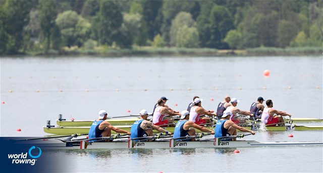 Matteo Sartori (b), Luca Rambaldi, Andrea Panizza, Giacomo Gentili (s), Men's Quadruple Sculls, Italy, 2025 World Rowing Cup Varese - Varese, Italy / Detlev Seyb / MyRowingPhoto.com