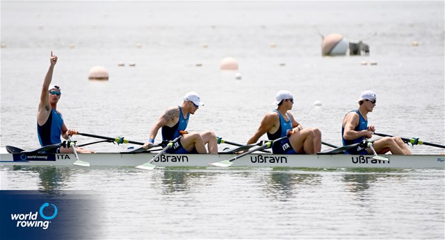 Matteo Sartori (b), Luca Rambaldi, Andrea Panizza, Giacomo Gentili (s), Men's Quadruple Sculls, Italy, 2025 World Rowing Cup Varese - Varese, Italy / Detlev Seyb / MyRowingPhoto.com
