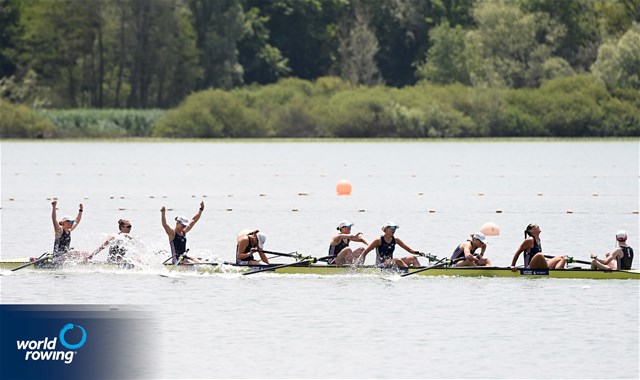 Eleanor Brinkhoff (b), Juliette Perry, Amelia Standing, Martha Birtles, Lauren Irwin, Eve Stewart, Heidi Long, Megan Slabbert (s), Jack Tottem (c), Women's Eight, Great Britain, 2025 World Rowing Cup Varese - Varese, Italy / Detlev Seyb / MyRowingPhoto.com