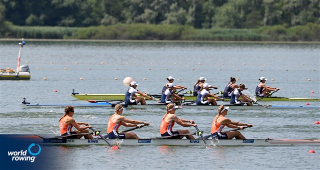 Lisanne Van Der Lelij (b), Vera Sneijders, Hermijntje Drenth, Tinka Offereins (s), Women's Four, Netherlands, 2025 World Rowing Cup Varese - Varese, Italy / Detlev Seyb / MyRowingPhoto.com