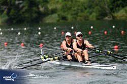 Finlay Hamill (b), Benjamin Mason (s), Men's Double Sculls, New Zealand, 2025 World Rowing Cup Lucerne, Lucerne, Switzerland / © Detlev Seyb / MyRowingPhoto.com