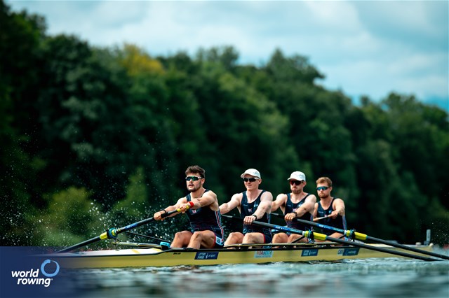 Jake Wincomb (b), Daniel Graham, James Vogel, Joshua Bowesman-Jones (s), Men's Four, Great Britain, 2025 World Rowing Cup Lucerne, Lucerne, Switzerland / © World Rowing / Benedict Tufnell