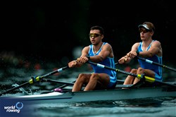 Konstantinos Giannoulis (b), Petros Gkaidatzis (s), Men's Double Sculls, Greece, 2025 World Rowing Cup Lucerne, Lucerne, Switzerland / © World Rowing / Benedict Tufnell