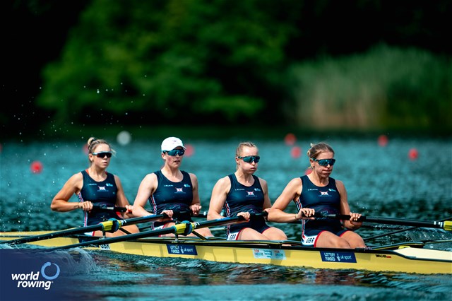 Daisy Bellamy (b), Lauren Irwin, Heidi Long, Eve Stewart (s), Women's Four, Great Britain, 2025 World Rowing Cup Lucerne, Lucerne, Switzerland / © World Rowing / Benedict Tufnell