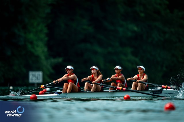 Sheung Yee Wong (b), Wing Yan Winne Hung, Wing Wun Leung, King Wan Leung (s), Women's Four, Hong Kong, China, 2025 World Rowing Cup Lucerne, Lucerne, Switzerland / © World Rowing / Benedict Tufnell