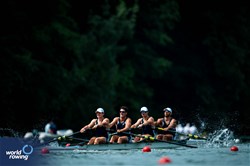 Christian Tabash (b), Josh Diggons, Gus Rodriguez, Jacob Hudgins (s), Men's Four, United States of America, 2025 World Rowing Cup Lucerne, Lucerne, Switzerland / © World Rowing / Benedict Tufnell
